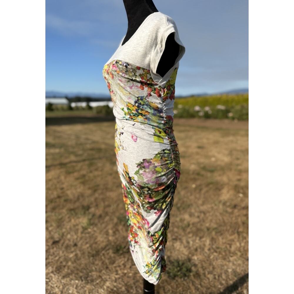 Weston S Watercolor Floral Ruched Midi Dress Bodycon Stretch Made USA Artsy - Picture 8 of 16